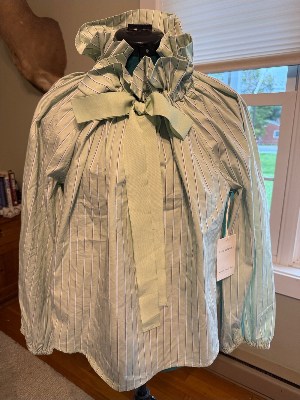 Free Assembly Mint Green Pinstripe Ruffle-Neck Blouse